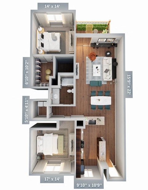 Floor plan for 2 beds, 2 baths, 1000 sqft